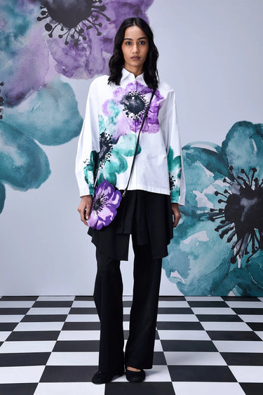 Anemone Flower Relaxed Fit Shirt- White Green - Genes Online Store