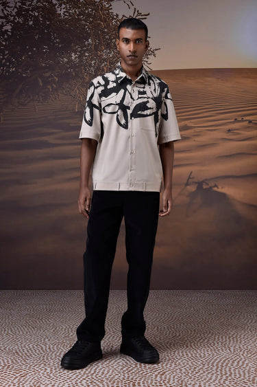 Beige abstract print summer shirt for men with lightweight breathable fabric