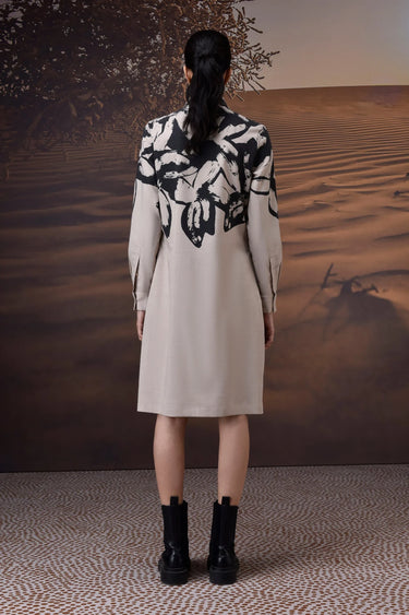 Lightweight beige brushstroke shirt dress styled for casual and workwear