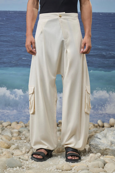 Beige Premium Cotton Linen Straight-Fit Cargo Pants