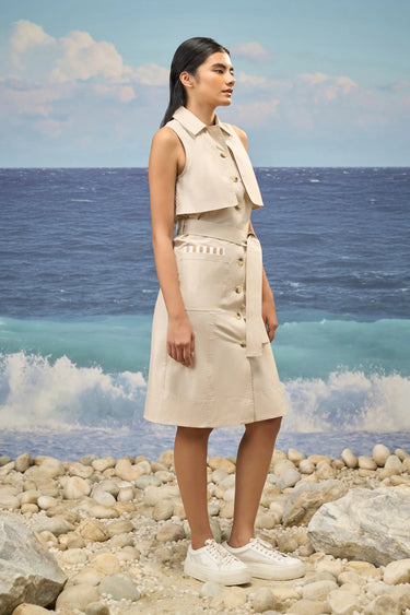 Beige Premium Cotton Lycra Sleeveless Shirt Dress