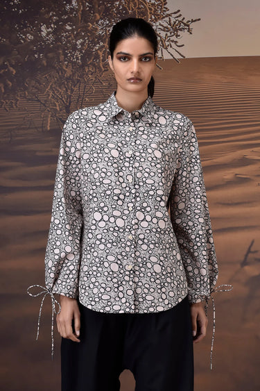 Beige Giza cotton shirt with abstract print and tie-up cuff sleeve detailing for women