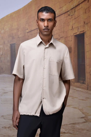 Beige relaxed fit wool blend shirt for men with soft textured fabric