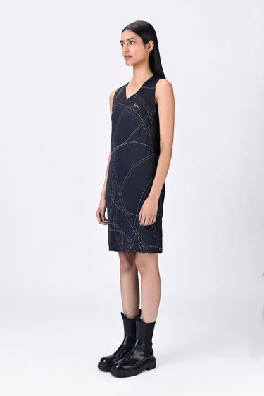 Black A-Line Giza Cotton Poplin Dress with Embroidery