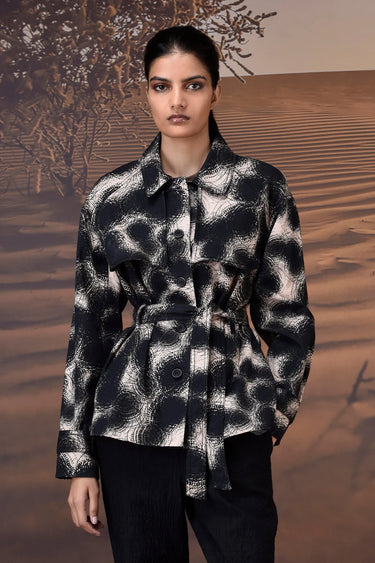 Black Abstract Circle Print Cotton Twill Jacket - Genes Online Store