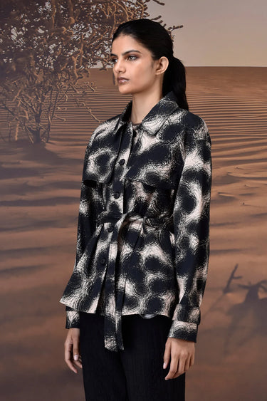 Black Abstract Circle Print Cotton Twill Jacket - Genes Online Store