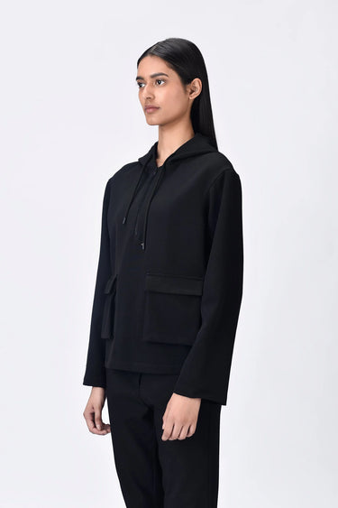 Black Banana Crepe Relaxed Fit Hoodie with Front Pockets - Genes Online Store