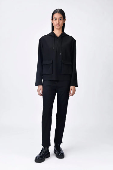 Black Banana Crepe Relaxed Fit Hoodie with Front Pockets - Genes Online Store
