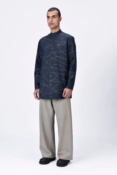 Black Band Collar Kurta with Dotted Aurora Print - Genes Lecoanet Hemant