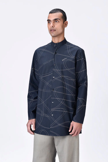 Black Band Collar Kurta with Dotted Aurora Print - Genes Lecoanet Hemant