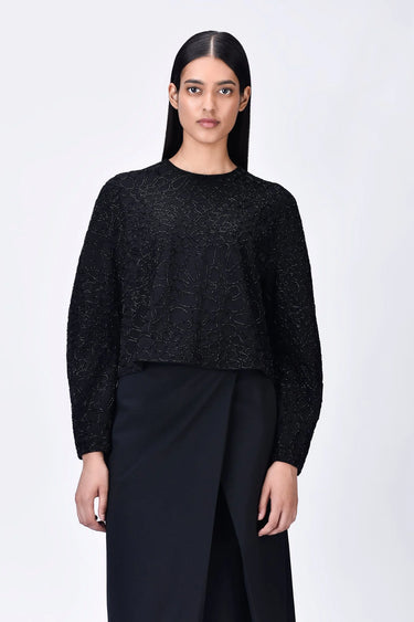 Black Cropped Heavy Crepe Sweatshirt with Embroidery