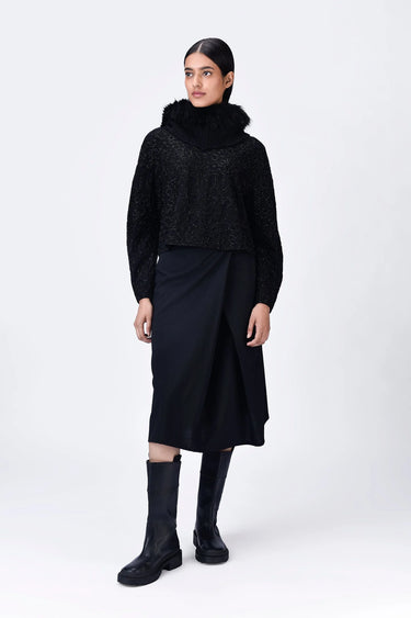 Black Cropped Heavy Crepe Sweatshirt with Embroidery