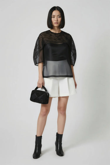 Black embroidered organza overlay top for women by Genes Lecoanet Hemant India