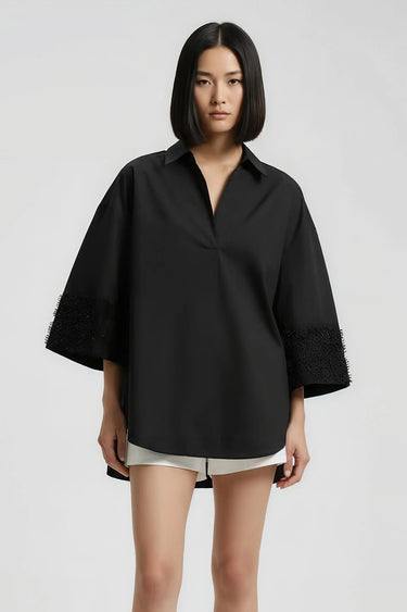Women black designer relaxed fit shirt with embroidery, luxury casual wear India