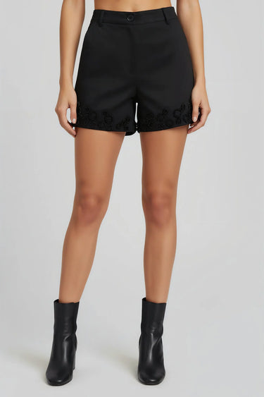 Women black designer shorts with embroidery, luxury summer fashion India