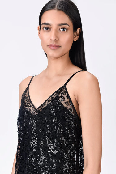 Black Embroidered Tulle Slip Dress