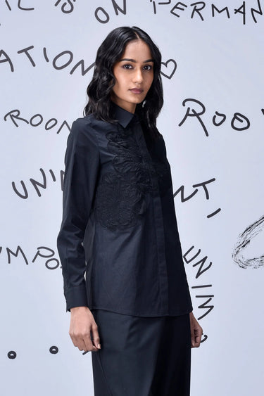 Premium black poplin shirt with minimal applique finish