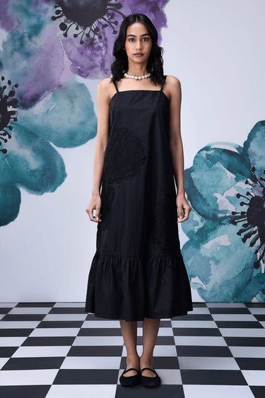 Black strappy midi dress in breathable cotton poplin fabric