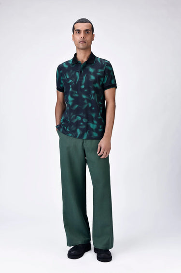 Black-Green Aurora Print Polo T-shirt - Genes Lecoanet Hemant