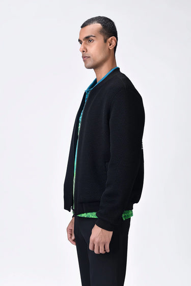 Black Poly Mesh Regular Fit Bomber with Bone Pocket