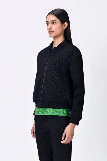Black Poly Mesh Regular Fit Bomber with UV Flower Sticker