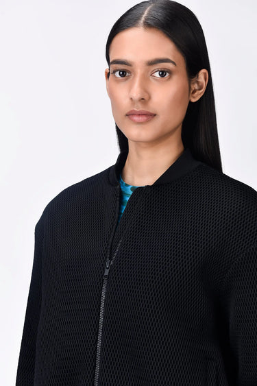 Black Poly Mesh Regular Fit Bomber with UV Flower Sticker