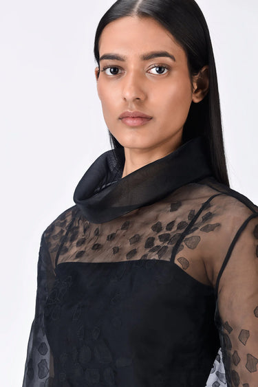 Black Poly Organza Relaxed Fit Turtle Neck Top with Micro Cell Applique