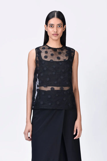 Black Poly Organza Straight Fit Top with Ravioli Embroidery
