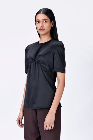 Black Poly Satin Slim Fit Top with Constructed Shoulders