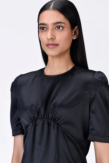 Black Poly Satin Slim Fit Top with Constructed Shoulders