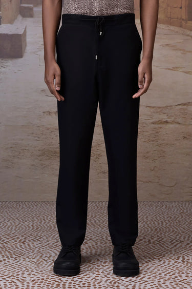 Black poly-viscose lycra drawstring trousers for men with relaxed straight fit