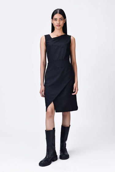 Black Poly Wool Asymmetrical Slim Fit Dress with Beads Embroidery