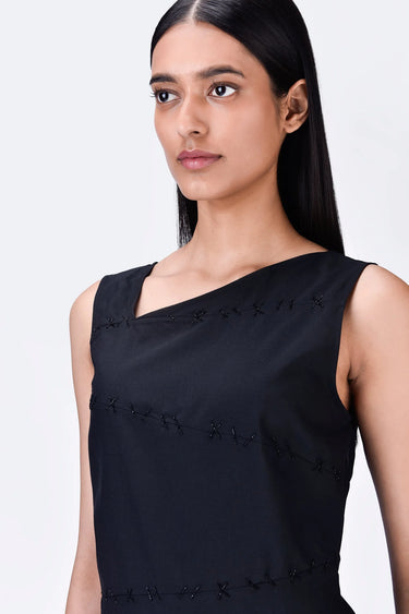 Black Poly Wool Asymmetrical Slim Fit Dress with Beads Embroidery