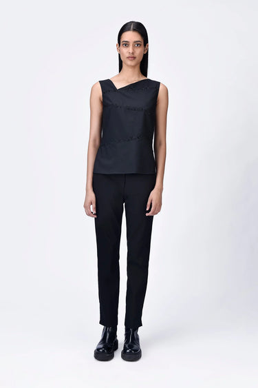Black Poly Wool Asymmetrical Slim Fit Top with Beads Embroidery