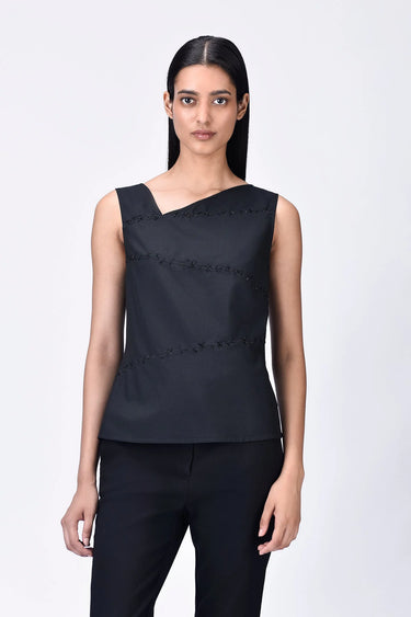 Black Poly Wool Asymmetrical Slim Fit Top with Beads Embroidery