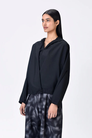 Black Poly Wool Hoodie Jacket
