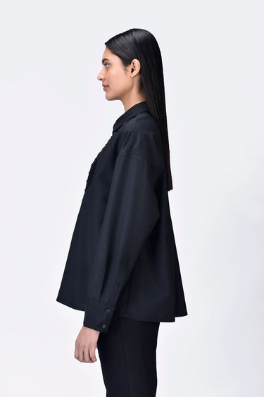 Black Poly Wool Relaxed Fit Shirt with Embroidered Tulle Yoke
