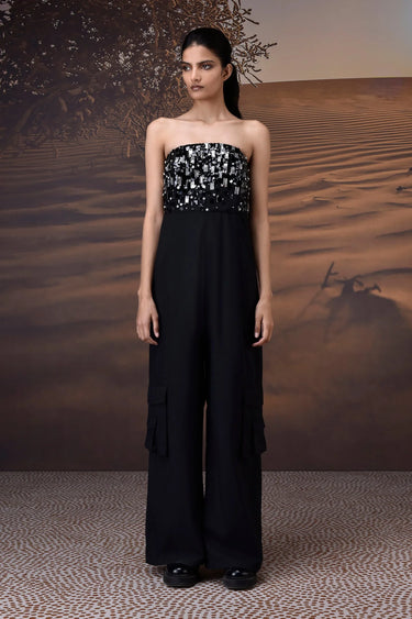 Black evening jumpsuit women India strapless with embellished top and cargo style pants