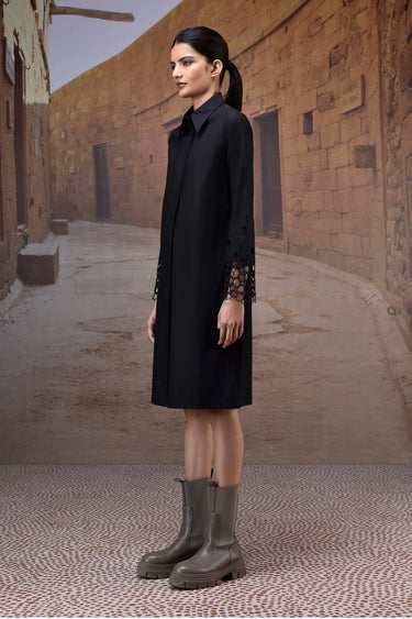 Black shirt dress women India with geometric cutwork sleeves and modern silhouette