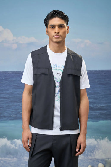 Black sleeveless vest for men with tailored fit and clean silhouette