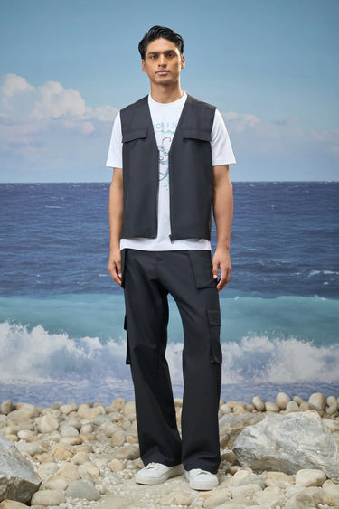 Black poly wool vest for men showing structured fabric texture