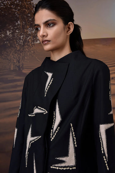 Black & Sand Embroidered Overcoat - Genes Online Store