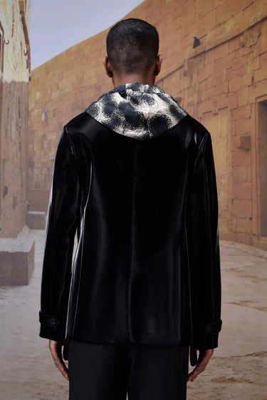 Black shiny jacket men India modern formal and urban fashion look