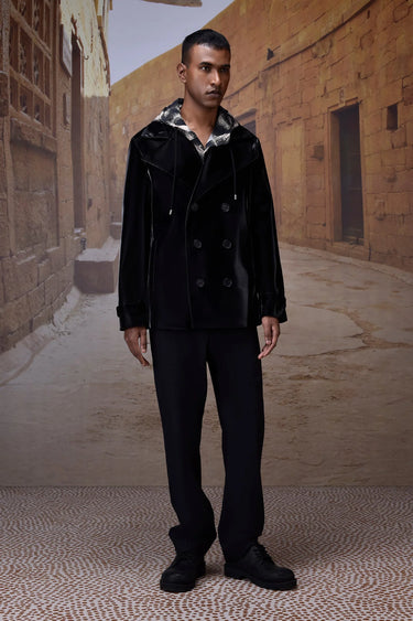 Black shiny velvet double breasted jacket for men by Genes Lecoanet Hemant India