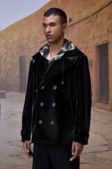 Stylish black velvet blazer men India premium designer occasion wear