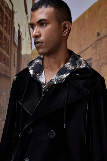Designer black double breasted jacket men by Genes Lecoanet Hemant luxury outerwear