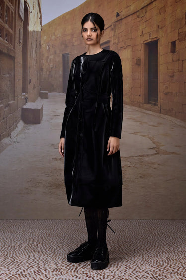 Black Shiny Velvet Overcoat - Genes Online Store