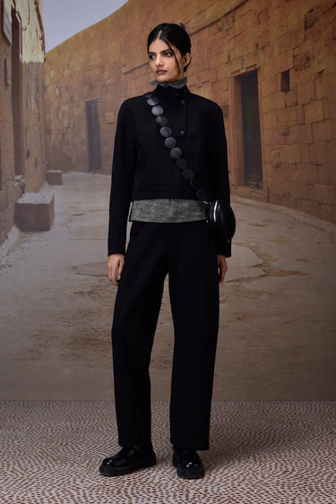 Black Textured Poly Lycra High-Neck Jacket - Genes Online Store