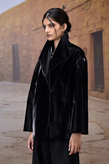 Black statement jacket women India with bold collar and modern tailoring