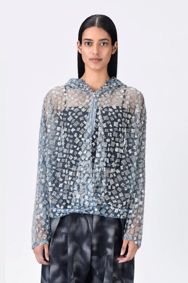 Blue Embroidered Tulle Relaxed Fit Hoodie Jacket